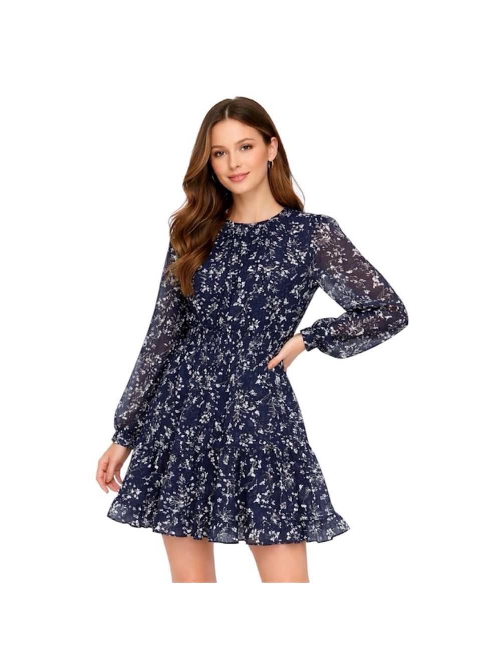Lulu's Too Cute Navy Floral Long-Sleeve Ruffle Tier Mini Dress Cottagecore Lux L